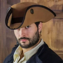 Rawblade Tricorn Drei Doublonen, Hellbraun -Mittelalter Mode Geschaft tricorn drei doublonen hellbraun 4